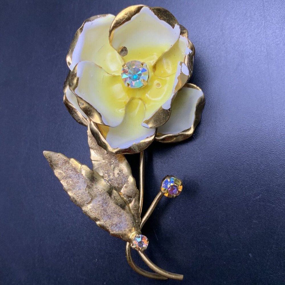 Austria Rhinestone Flower Brooch Pin Aurora Borealis AB Yellow Enamel Vintage